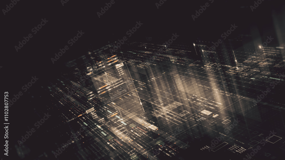 Leinwandbilder Futuristic network simulation blending AI, quantum physics, and deep learning, with a particle matrix analyzing data in a sleek, HUD-style interface