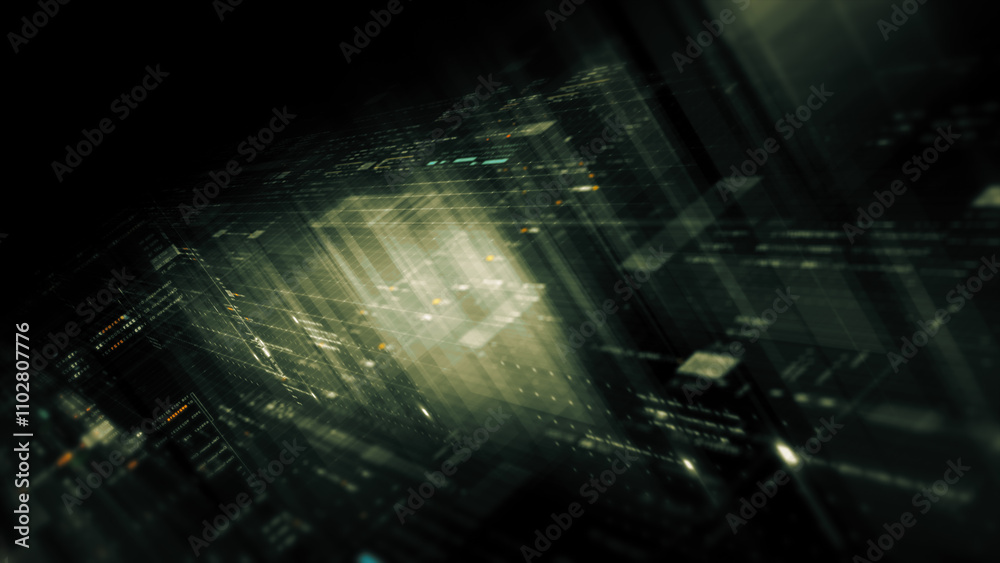 Aufkleber Futuristic network simulation blending AI, quantum physics, and deep learning, with a particle matrix analyzing data in a sleek, HUD-style interface