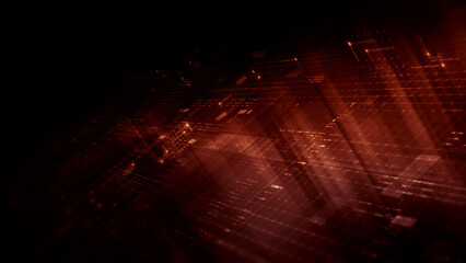 Futuristic network simulation blending AI, quantum physics, and deep learning, with a particle matrix analyzing data in a sleek, HUD-style interface