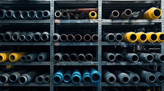 Colorful Pipes and Tubes on Industrial Shelving Displaying a Vibrant Array of Materials in a Warehouse Storage Environment