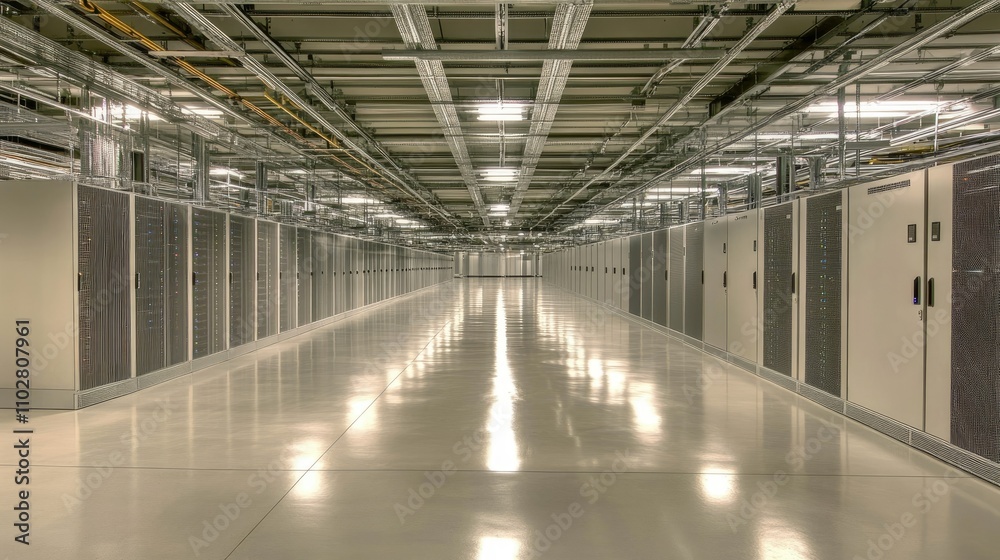 Poster modern data center interior with rows of server racks and bright lighting, reflective floor, and adv