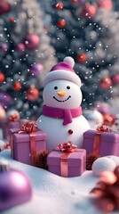Obraz premium Festive Christmas themed illustration. In the center of the composition is a cute snowman, next to him are boxes with gifts of different sizes. Winter landscape