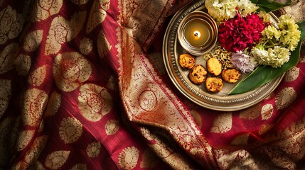 A zoomed-in top-down view of a beautiful traditional Indian saree in a rich brownish-red color, showcasing intricate patterns and textures. Neatly placed on the saree is a well-decorated pooja