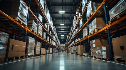 Amazon warehouse logistics, Industrial setting, Efficient warehouse operations, Wide-angle lens, Dynamic and busy atmosphere