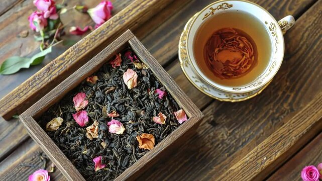 Rose tea in wooden box and ornate teacup on rustic wooden surface.