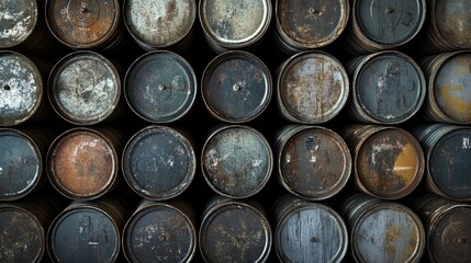 Stacked Vintage Metal Barrels with Rust and Patina Creating an Aesthetic Industrial Background Suitable for Artistic and Creative Projects