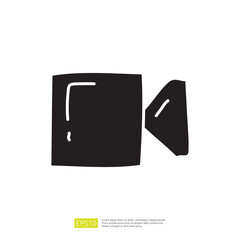 The image depicts a minimalist black silhouette of a camera, emphasizing its shape and form.