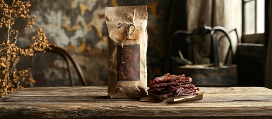 Beef jerky displayed in rustic packaging on a wooden table, natural light and textured backdrop