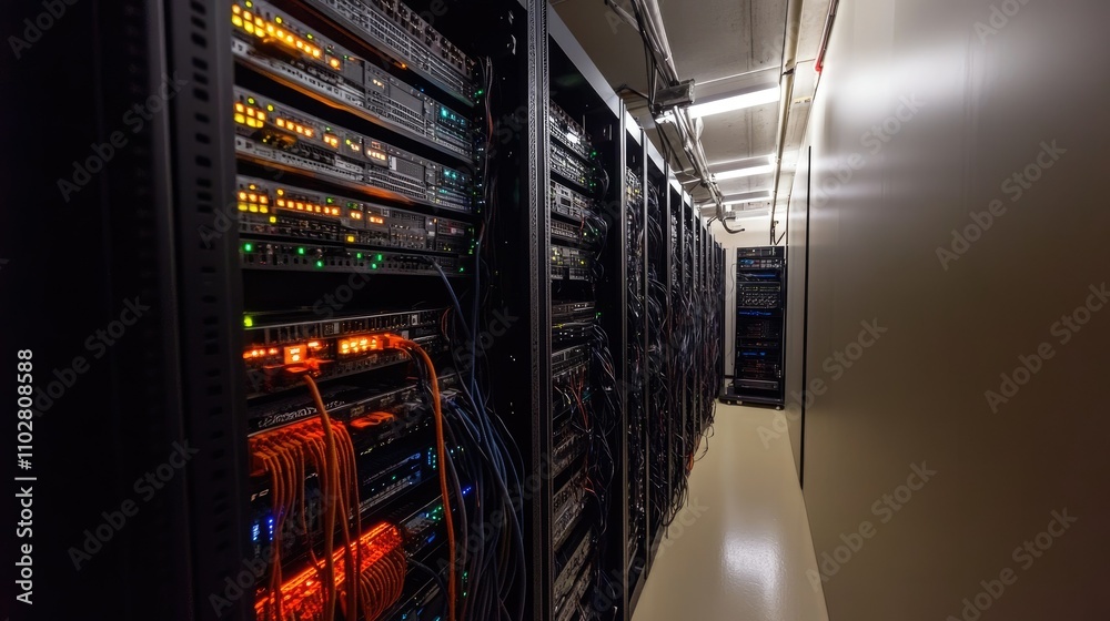 Poster modern data center with rows of server racks illuminated by colorful led lights and cables in a clea