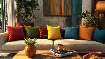 Colorful Living Room with Cozy Sofa and Plants