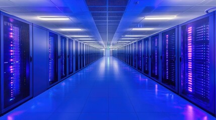Obraz premium Futuristic Data Center Infrastructure with Rows of High-Tech Servers and Vibrant Blue Lighting in a Modern Digital Environment