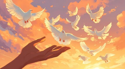 A hand reaches out as doves soar against a vibrant sunset sky, symbolizing peace and freedom.