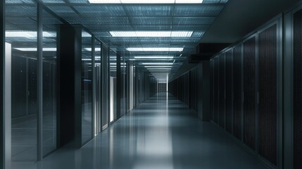 Futuristic Data Center Corridor with Modern Server Racks and Ambient Lights, Showcasing Advanced Technology and Contemporary Architecture