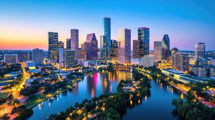 Naklejka premium City skyline at sunset with reflecting water and illuminated buildings.