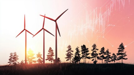 Wind farm at sunset with a digital overlay of green energy stock portfolio data