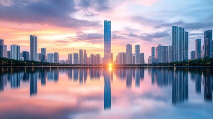 Obraz premium City skyline with modern buildings reflected in calm water at sunset.