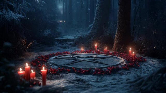 Pagan star shaped pentagram symbol with red candles in winter forest. Winter solstice holiday. Yule, Imbolc, Samhain. Wiccan pagan religion. Magic or esoteric dark ritual, satanism cult
