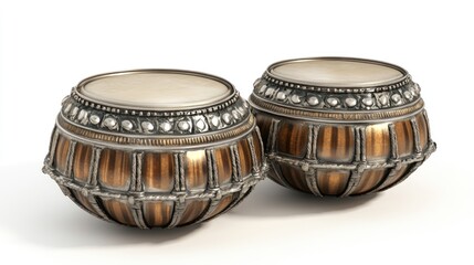 Two ornate percussion instruments with decorative features and a polished surface.
