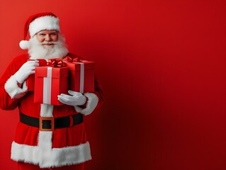 Santa Claus, wearing his classic red suit with white fur accents, is holding a stack of red and white gift boxes in his hands, red isolated backrgound, copy space on right
