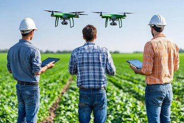 Digital inclusion efforts. Farmers using drones for agricultural monitoring in a field.