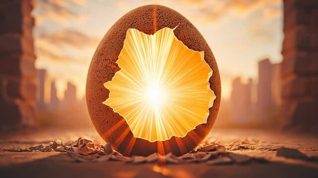 A glowing egg with a cracked shell radiating light, new beginnings concept