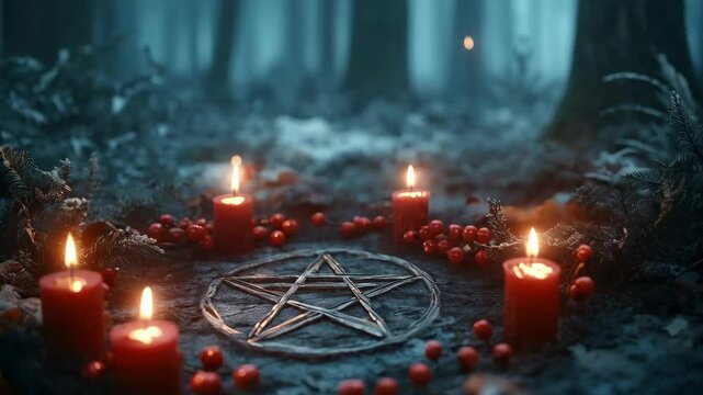 Pagan star shaped pentagram symbol with red candles in winter forest. Winter solstice holiday. Yule, Imbolc, Samhain. Wiccan pagan religion. Magic or esoteric dark ritual, satanism cult