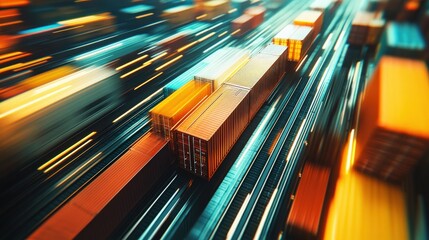 Obraz premium High-speed logistics train carrying cargo containers on industrial tracks, showcasing efficient freight transportation.