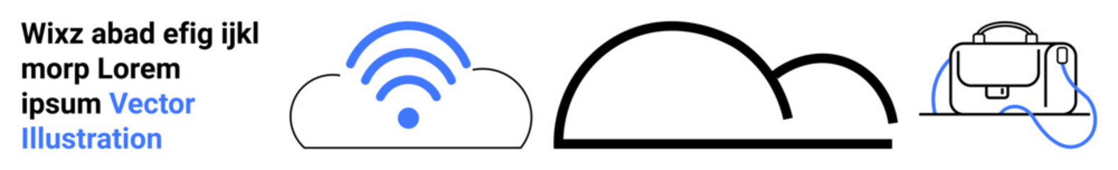 Wireless signal over cloud, black cloud outline, VR headset with blue cables. Ideal for tech, cloud computing, virtual reality, wireless communication, internet services, web development, UI design