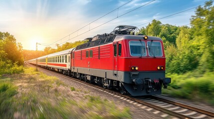 Naklejka premium High-speed logistics train carrying cargo containers on industrial tracks, showcasing efficient freight transportation.