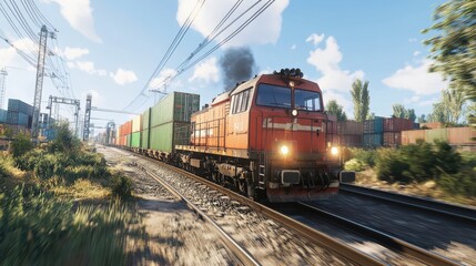 Naklejka premium High-speed logistics train carrying cargo containers on industrial tracks, showcasing efficient freight transportation.