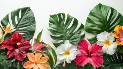 Bright tropical flower assortment with orchids, hibiscus, and monstera leaves neatly displayed on white