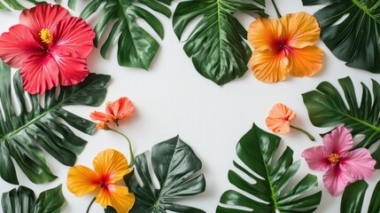 Bright tropical flower set with colorful hibiscus blooms and green monstera leaves on a clean white background