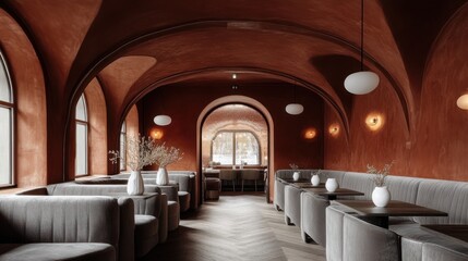 Obraz premium Rustic, elegant cafe interior with warm terracotta walls, arched doorways, and plush seating.