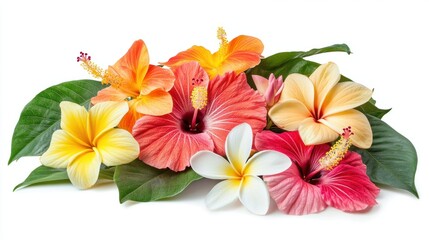 Colorful tropical flower arrangement with hibiscus, plumeria, and bold gingers, isolated on white