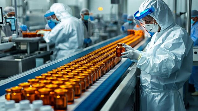 A man in a white lab coat is working with a conveyor belt of orange bottles
