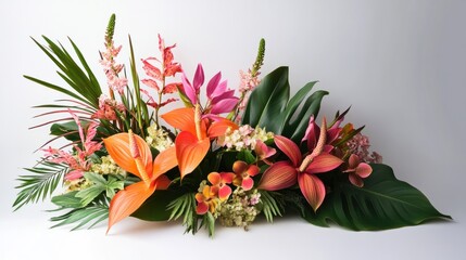 Exotic arrangement of tropical flowers with vibrant heliconias and orchids on a crisp white backdrop