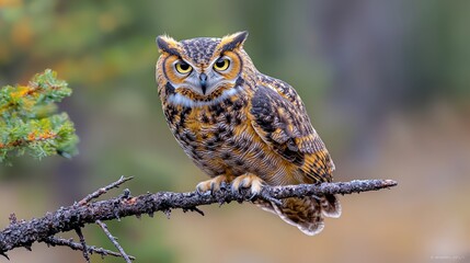 Obraz premium Majestic Great Horned Owl Perched on Branch Wildlife Photography