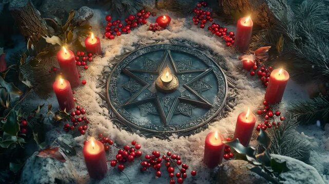 Pagan star shaped pentagram symbol with red candles in winter forest. Winter solstice holiday. Yule, Imbolc, Samhain. Wiccan pagan religion. Magic or esoteric dark ritual, satanism cult