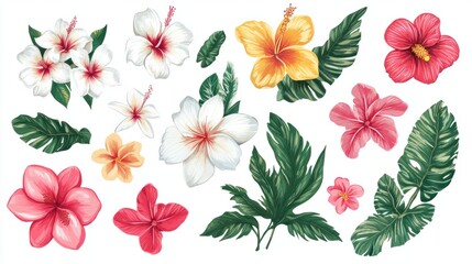 Set of tropical blooms including plumeria and hibiscus, scattered elegantly on a clean white background
