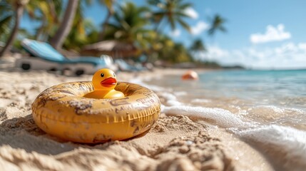 Obraz premium Tropical Beach Vacation Rubber Duck Inflatable Ring Palm Trees Sun Loungers Ocean