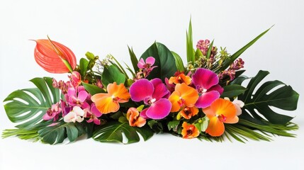 Stunning arrangement of tropical flowers featuring orchids, hibiscus, and lush green leaves on a white background