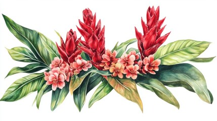 Obraz premium Stunning set of tropical blooms featuring red gingers and lush foliage, isolated on a white background
