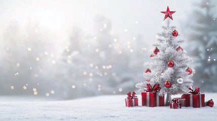 Obraz premium Christmas tree and snow background. Gorgeous elegant Christmas tree with gifts in red and silver on a panoramic snow background 