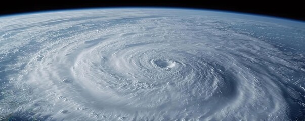 Aerial view of powerful hurricane swirling over the ocean, dramatic weather phenomenon.
