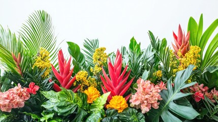 Tropical flower display featuring colorful gingers and lush greenery, isolated on a clean white background