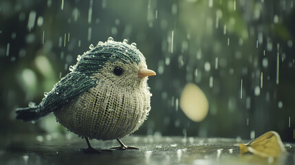 A charming knitted bird sits serenely in the rain, adorned with water droplets, capturing the beauty of nature and craftsmanship. Deco. Illustration