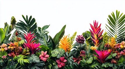 Fototapeta premium Tropical flower display featuring colorful gingers and lush greenery, isolated on a clean white background