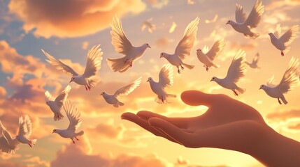 A hand releasing doves against a sunset, symbolizing peace and freedom.
