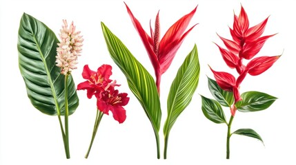 Naklejka premium Tropical flower set featuring bold red gingers and vibrant heliconias, isolated on white