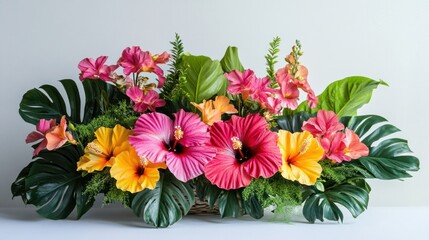 Vibrant tropical flower arrangement with bold hibiscus and lush green leaves displayed elegantly on white